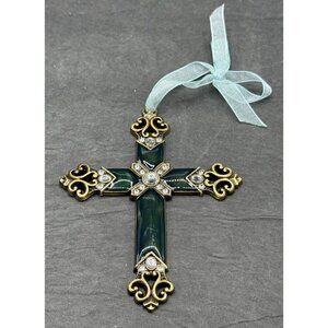 Enameled Metal Cross Ornament Rhinestone Ribbon Antiqued Christmas Holiday Decor